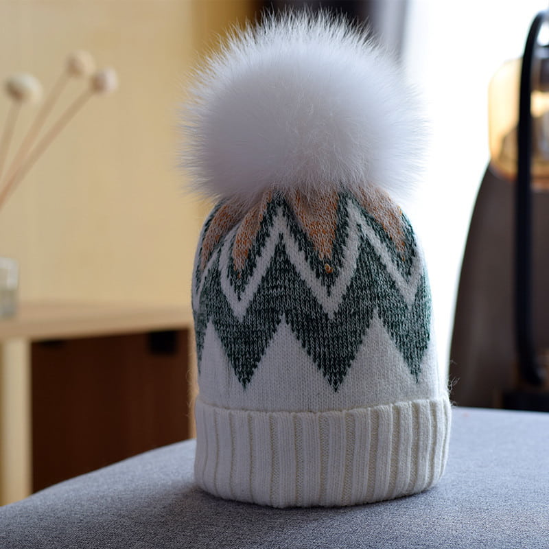 H00003 Bonnet tricoté épais pour femmes avec boule de fourrure de renard en fourrure véritable