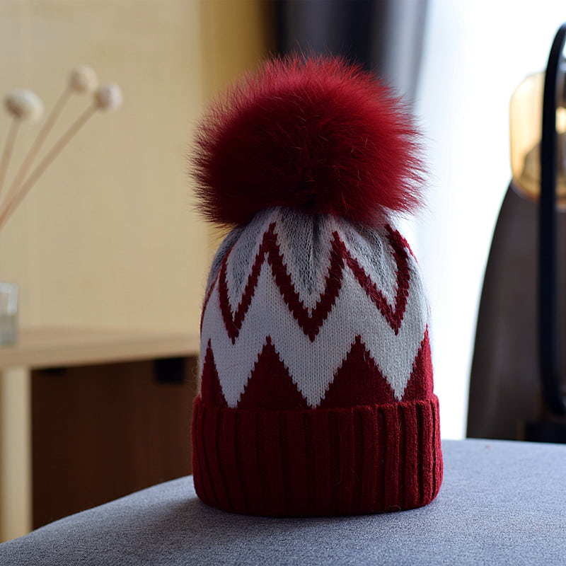 H00003 Bonnet tricoté épais pour femmes avec boule de fourrure de renard en fourrure véritable