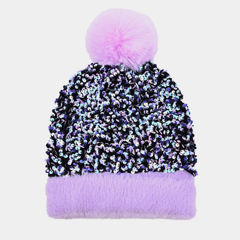 H00029 Bonnet Tricoté Paillettes Avec Pompon Amovible