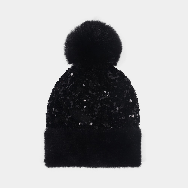 H00029 Bonnet Tricoté Paillettes Avec Pompon Amovible