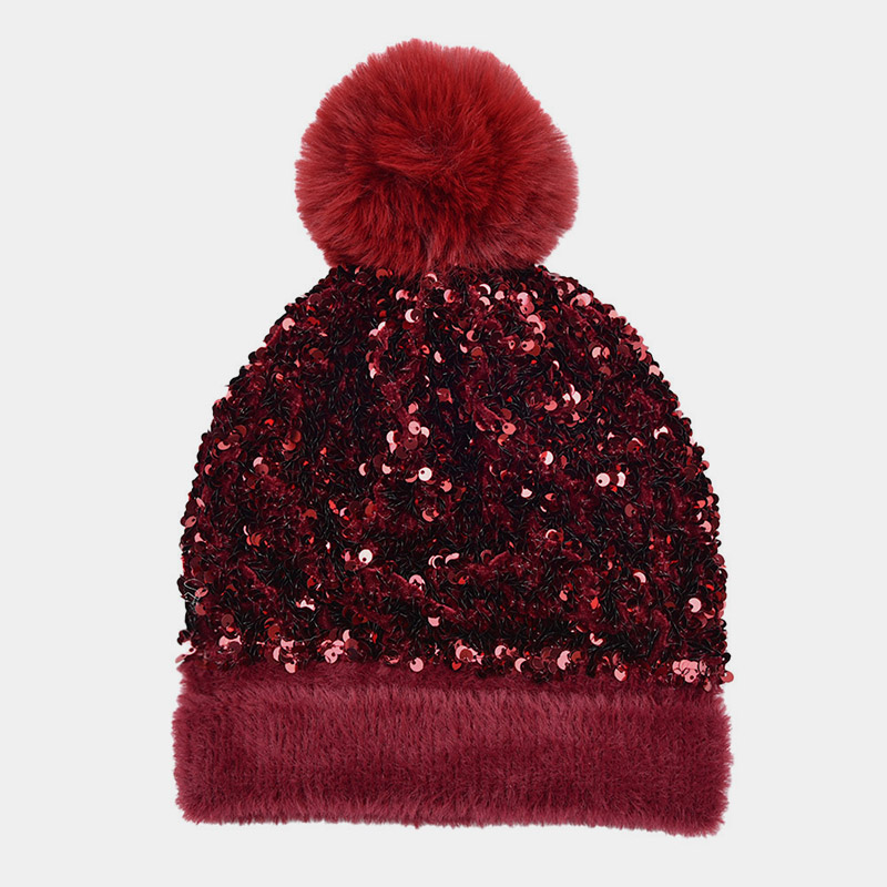 H00029 Bonnet Tricoté Paillettes Avec Pompon Amovible