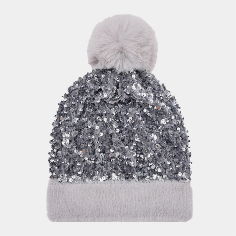 H00029 Bonnet Tricoté Paillettes Avec Pompon Amovible