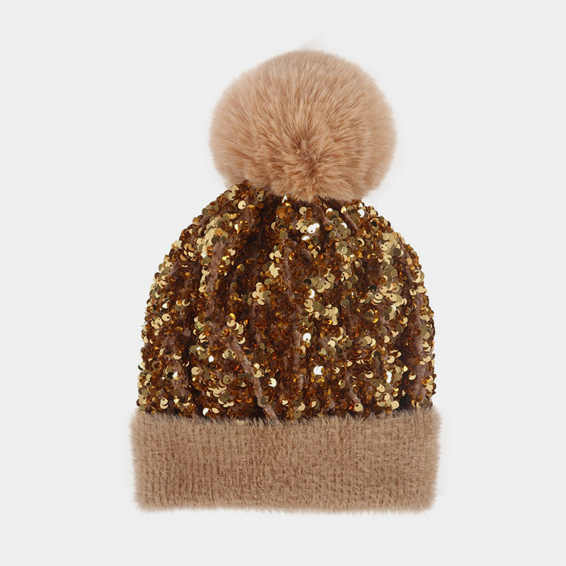 H00029 Bonnet Tricoté Paillettes Avec Pompon Amovible