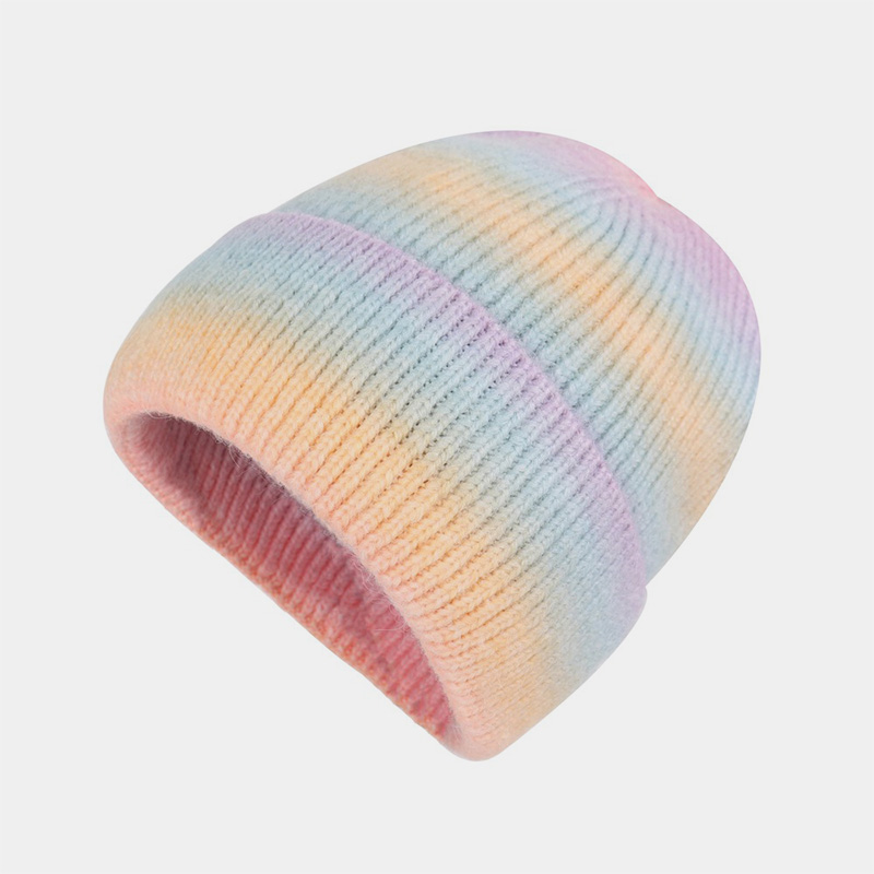 H00031 Bonnet tricoté en acrylique arc-en-ciel multicolore teint par nœuds