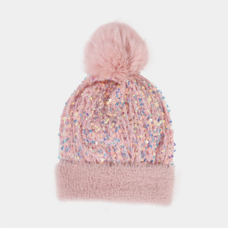 H00029 Bonnet Tricoté Paillettes Avec Pompon Amovible