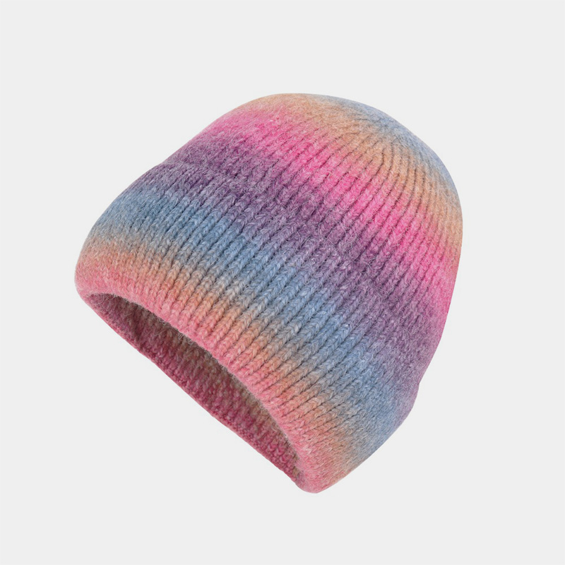 H00031 Bonnet tricoté en acrylique arc-en-ciel multicolore teint par nœuds