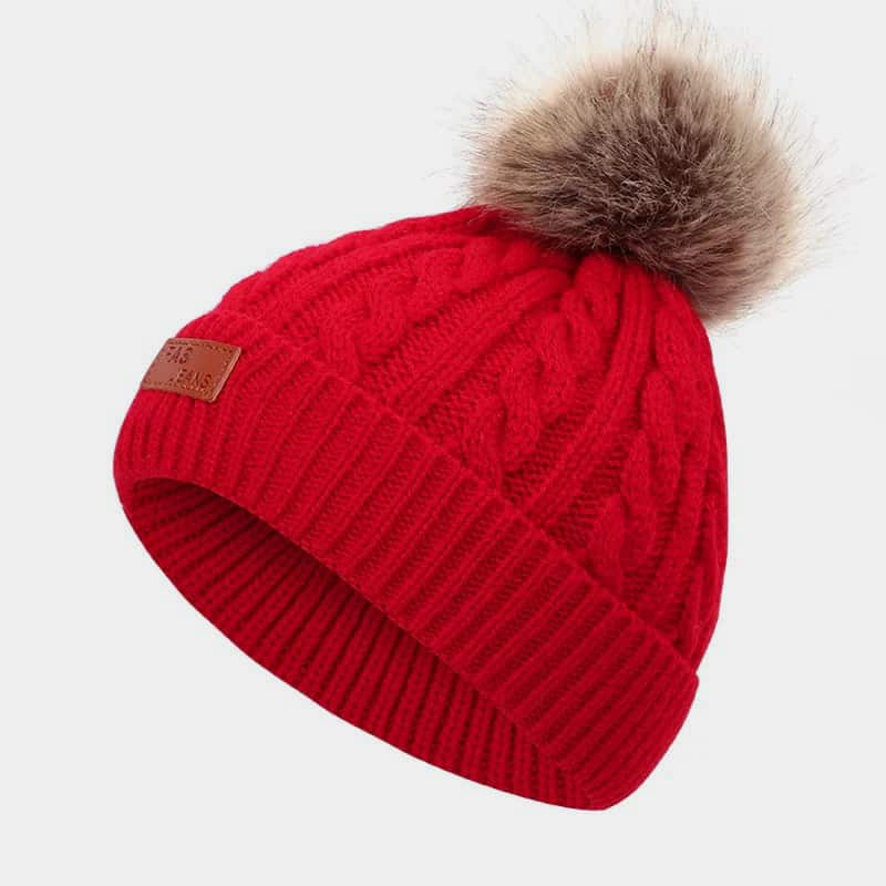 H00077 Bonnet tricoté torsadé pour enfant avec étiquette en cuir