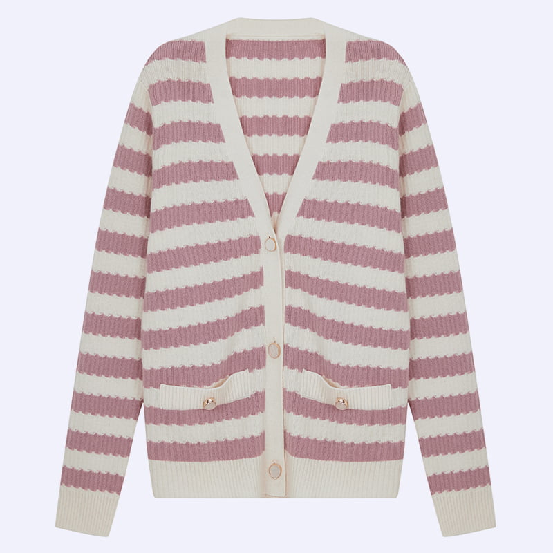 ML2204 Veste Pull Cardigan Tricoté à Col V Rayé Rose Et Blanc