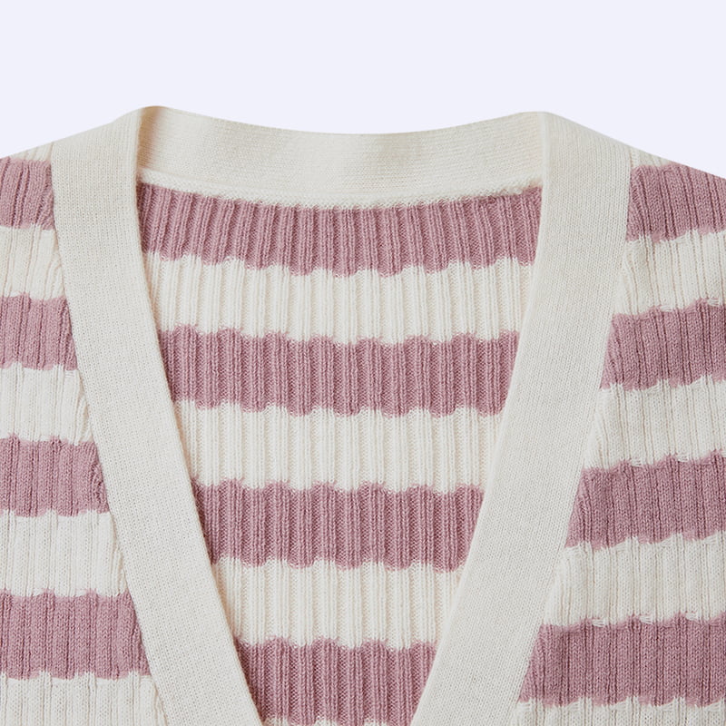 ML2204 Veste Pull Cardigan Tricoté à Col V Rayé Rose Et Blanc