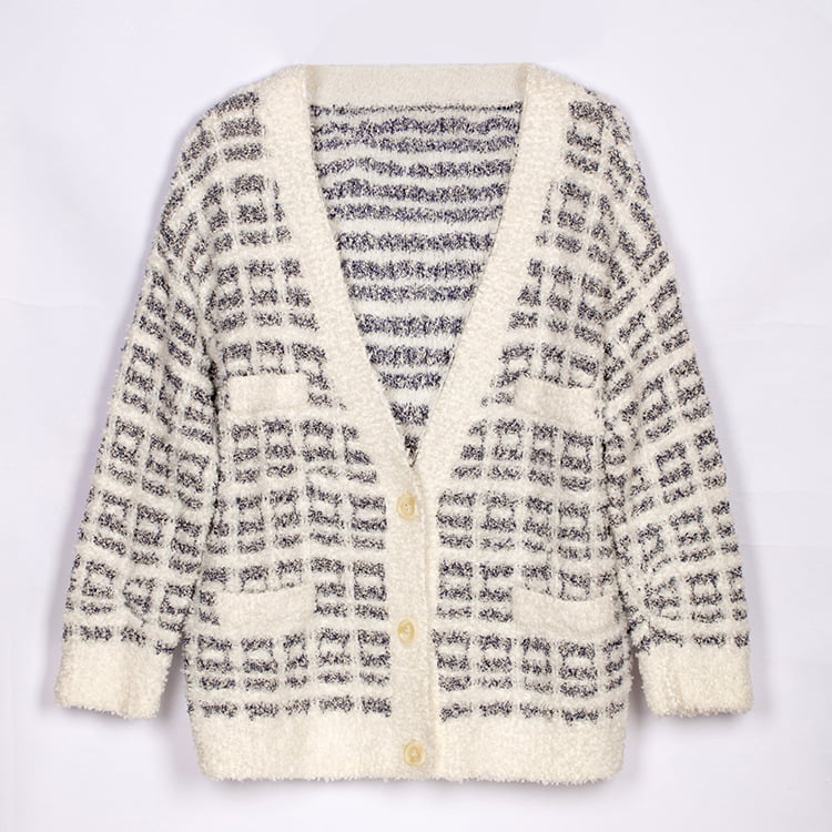 SM-K0041 Plaid Noir et Blanc Petit Cardigan en Tricot Mohair Parfumé Style Paresseux Coréen