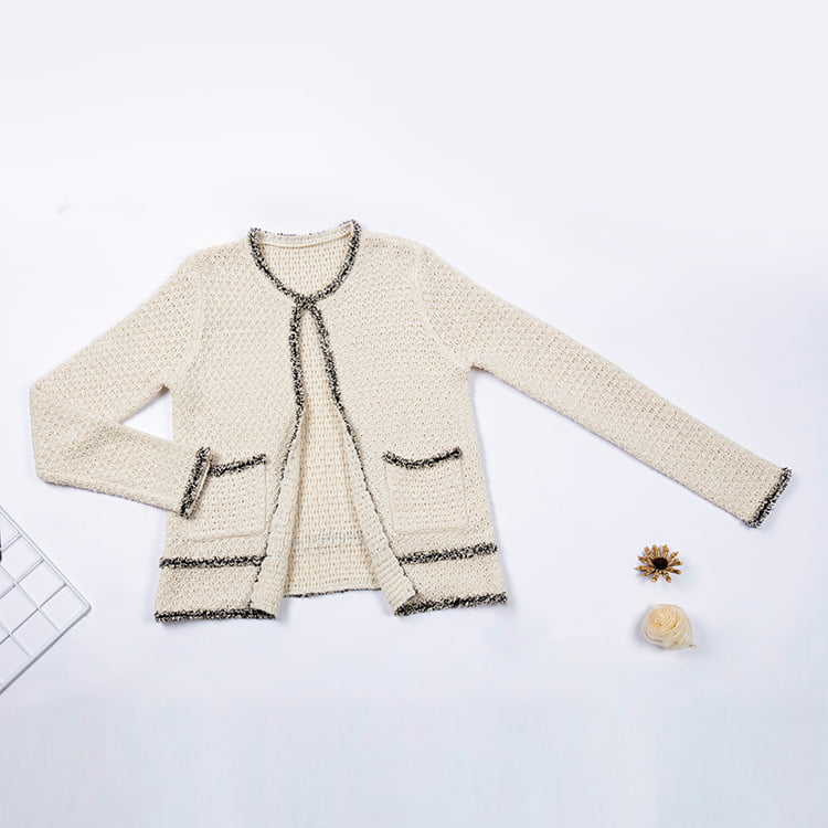 SM-K0049 Cardigan tricoté à franges et col rond de couleur contrastée