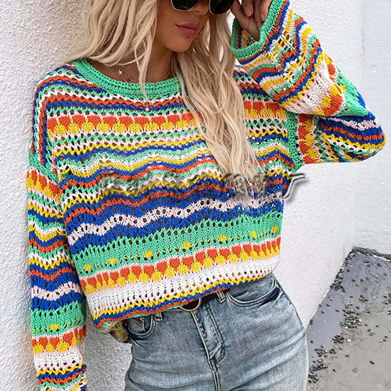 SM-K0085 Pull tricoté à rayures multicolores de couleur mélangée Pull tricoté