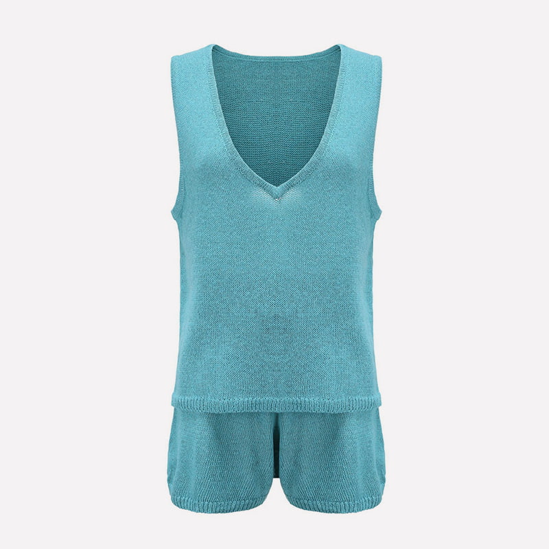 SM-K0102 Gilet en tricot fin de couleur unie et short à lacets Costume tricoté décontracté