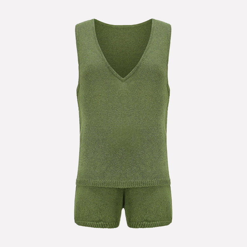 SM-K0102 Gilet en tricot fin de couleur unie et short à lacets Costume tricoté décontracté